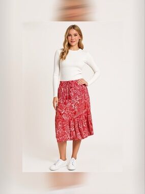 Joe Fresh Red Paisley Floral Tassel Midi Skirt Small Boho